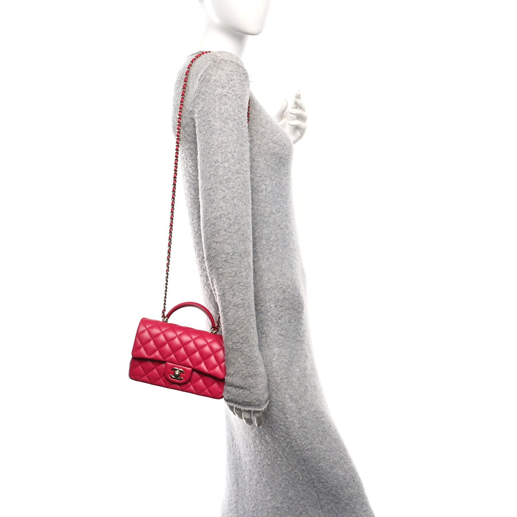 Lambskin Quilted Mini Top Handle Rectangular Flap Fuchsia