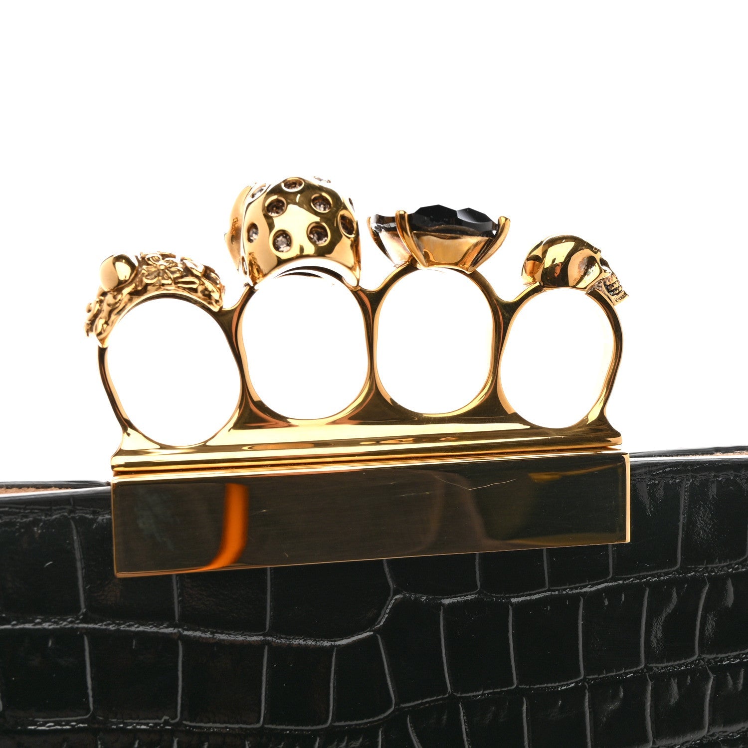Calfskin Crocodile Embossed Knuckle Flat Clutch Black Gold