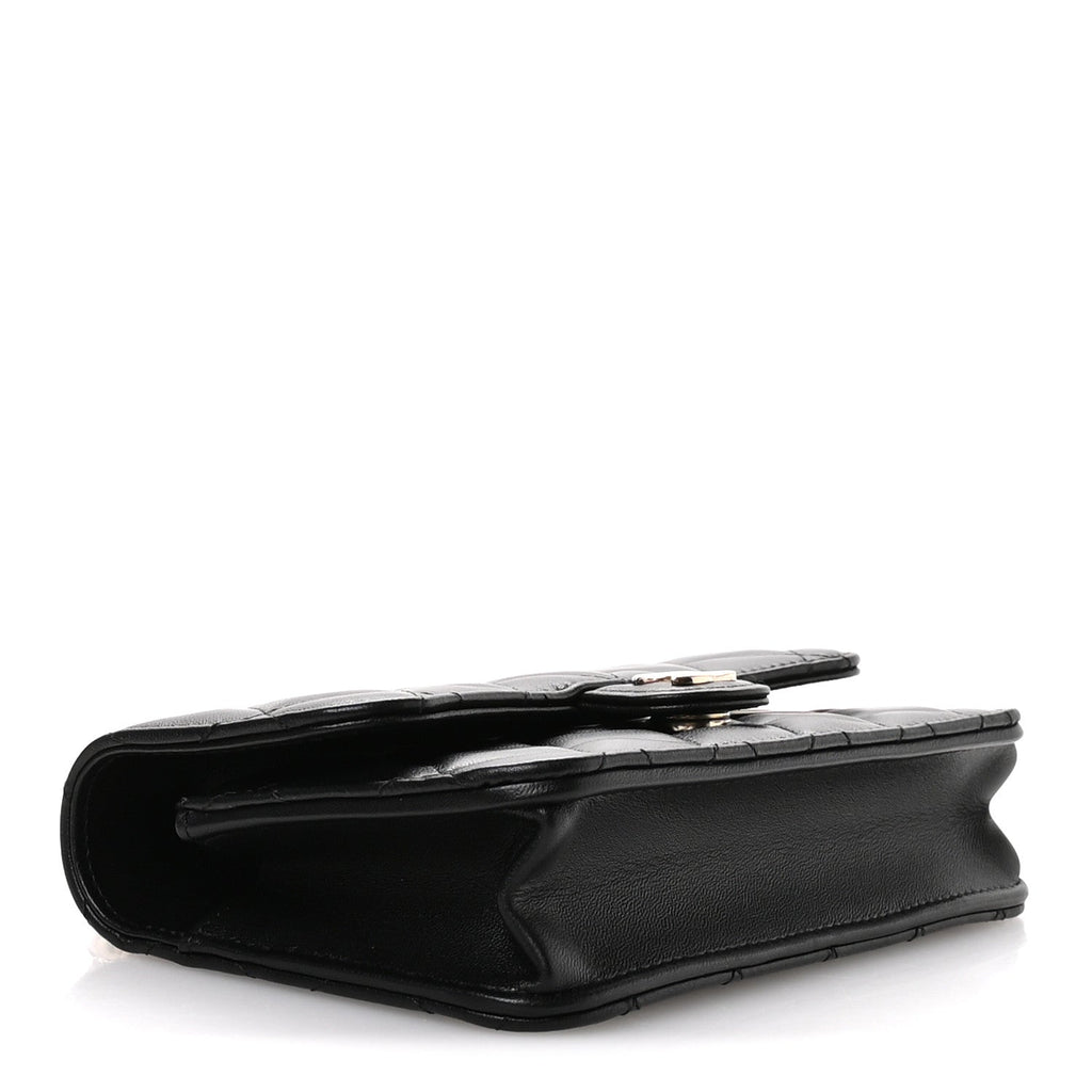 Lambskin Quilted Flap Phone Holder With Chain Black