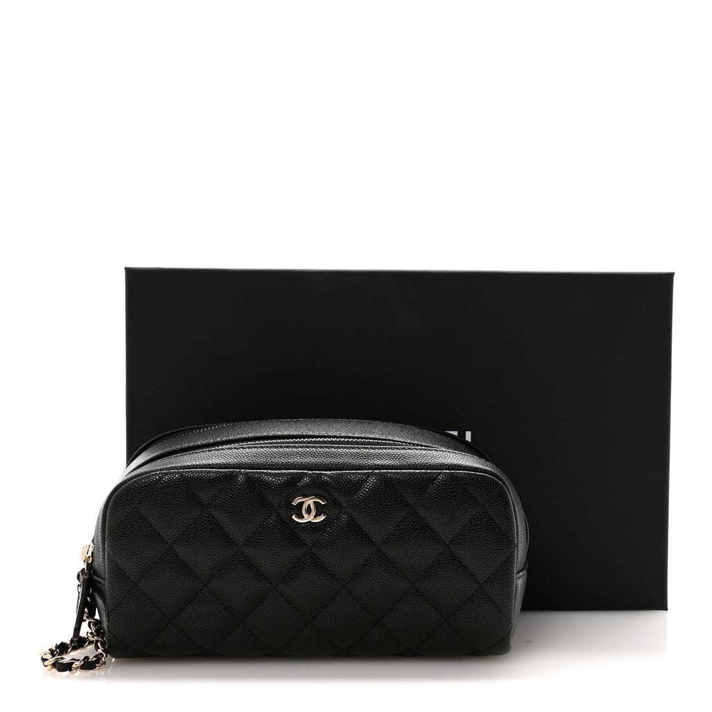 Caviar Quilted Toiletry Case With Chain Black
