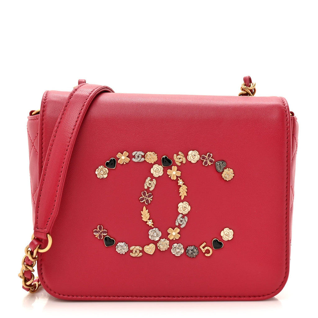Lambskin Quilted Lucky Charms CC Crossbody Messenger Flap Red
