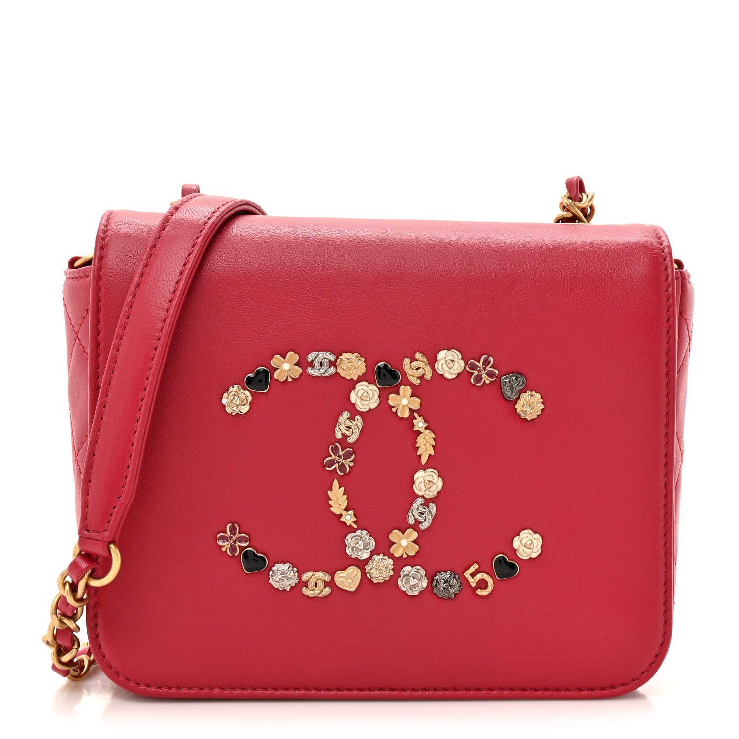 Lambskin Quilted Lucky Charms CC Crossbody Messenger Flap Red