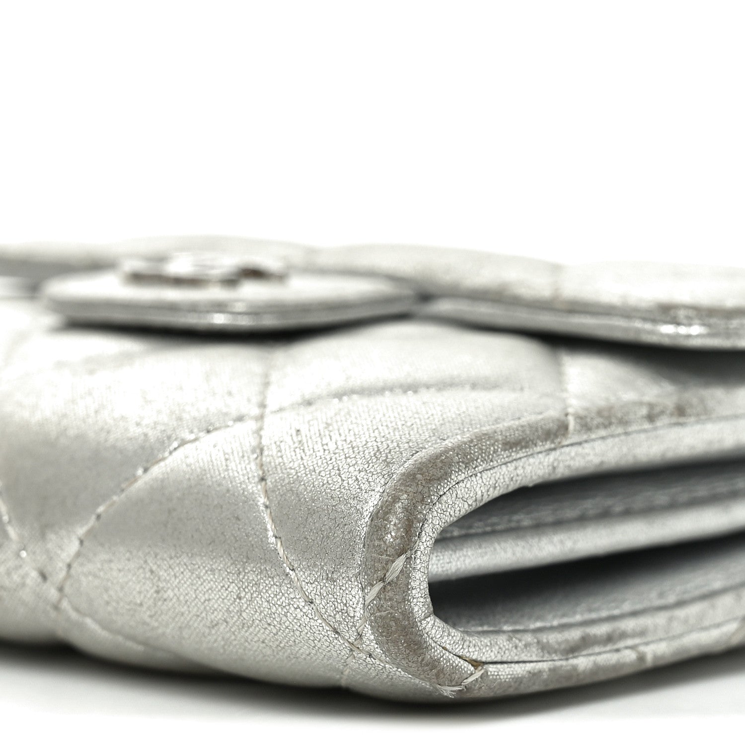 Metallic Lambskin Quilted Flap  Holder Wallet Silver