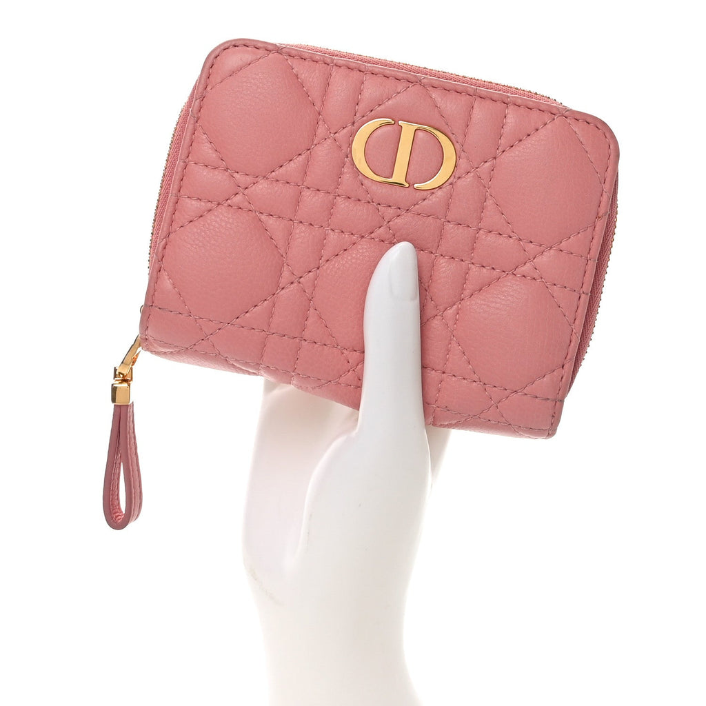 Grained Calfskin Supple Cannage Caro Compact Zipped Wallet Pink