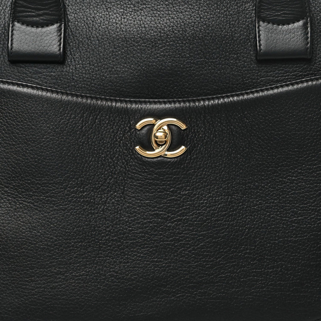 Grained Calfskin Medium Bi-Color Neo Executive Shopper Tote Black Beige