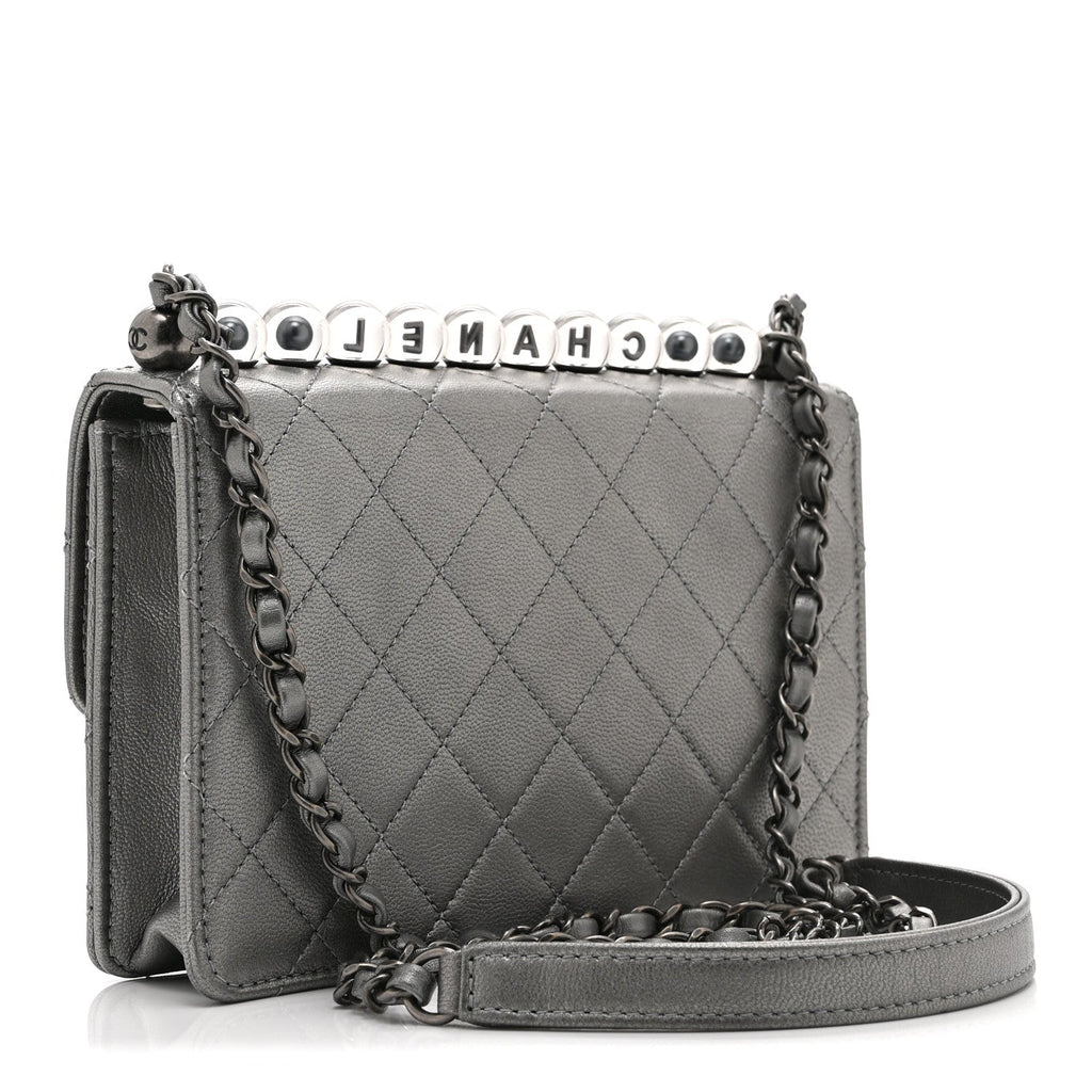 Metallic Goatskin Quilted Small Chic Pearls Flap Silver