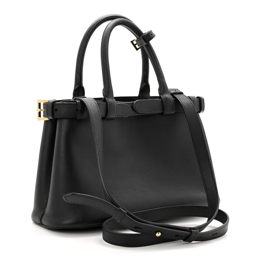 Soft Grain Calfskin Small Double Belt Tote Black