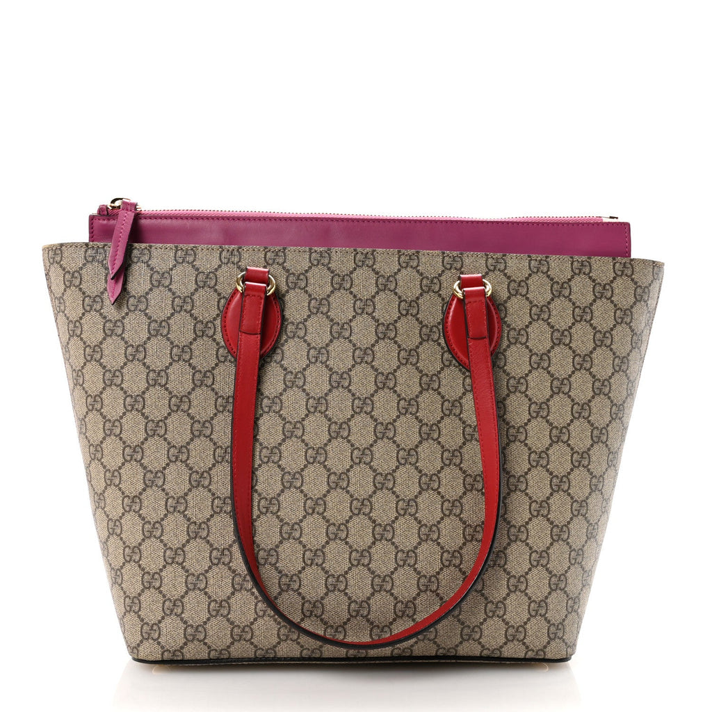 GG Supreme Monogram Medium Zippered Bucket Tote Beige Hibiscus Red New Rosette