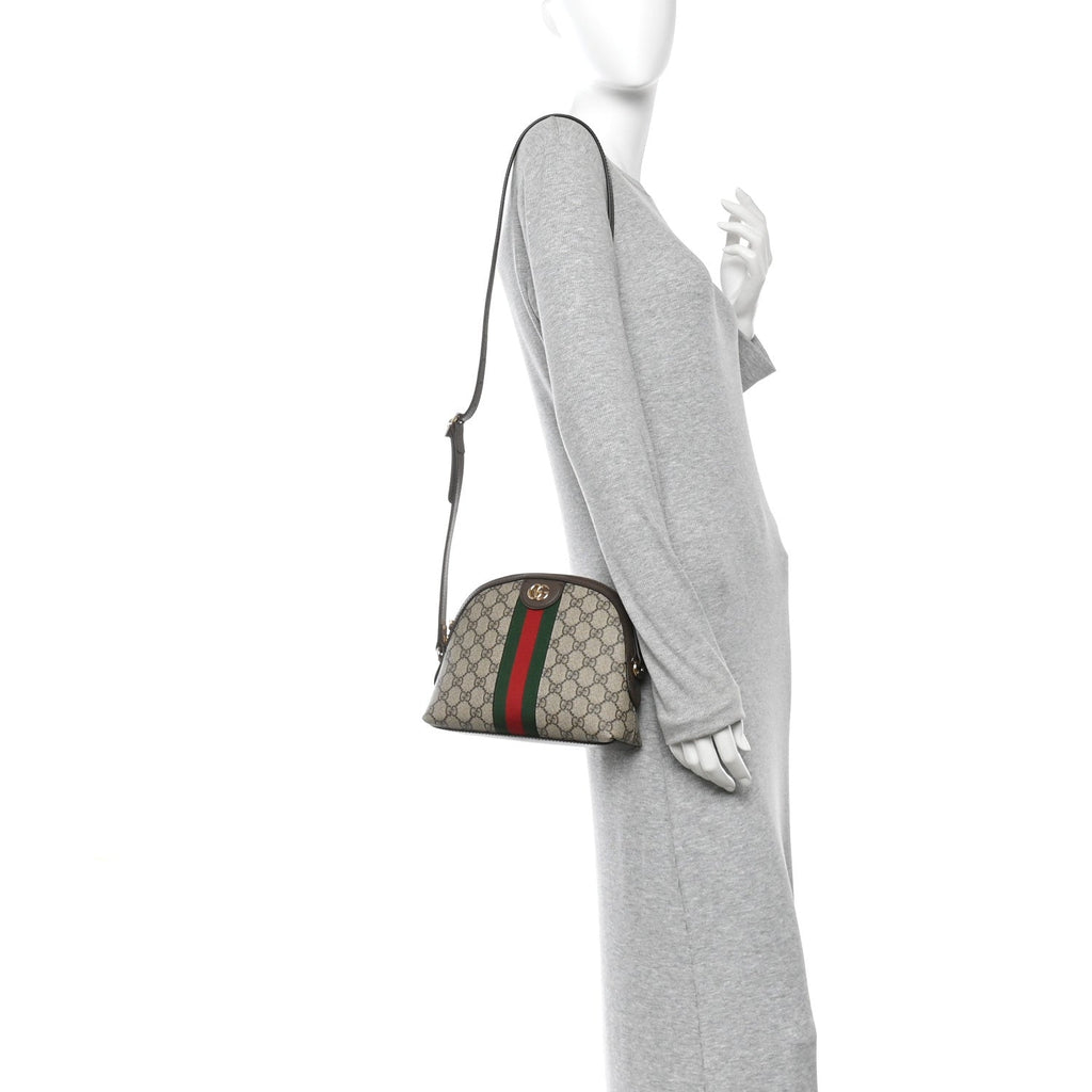 GG Supreme Monogram Textured Dollar Calfskin Web Small Ophidia Dome Shoulder Bag Beige Ebony New Acero