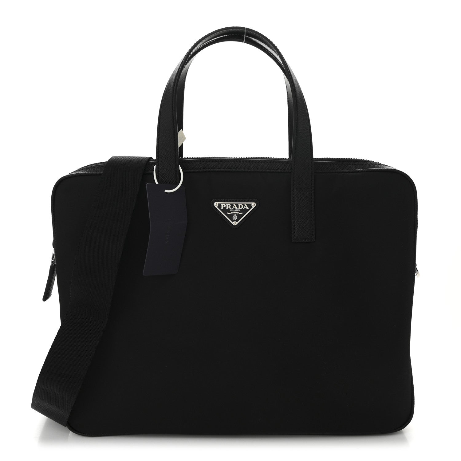 Re-Nylon Saffiano Metal Triangle Logo Briefcase Black