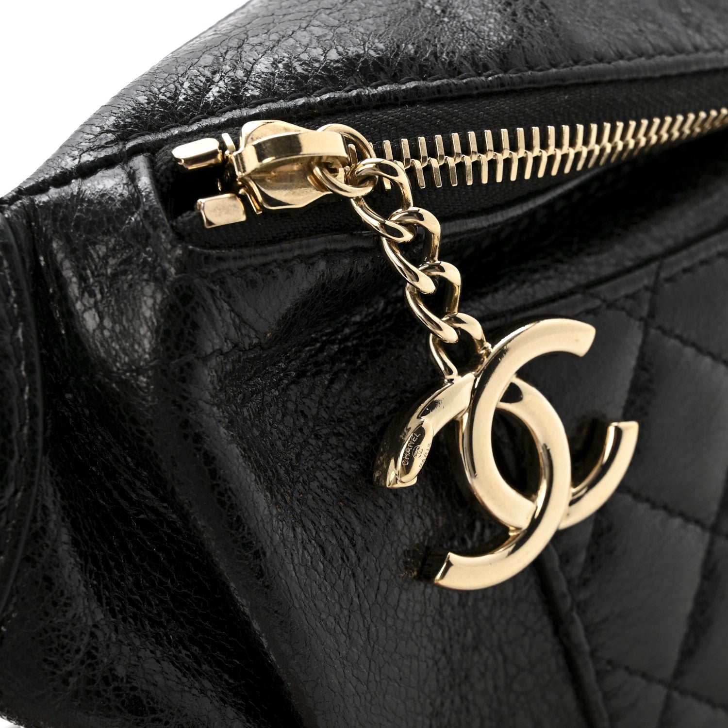 Crumpled Glazed Lambskin Quilted Waist Bag Fanny Pack Black