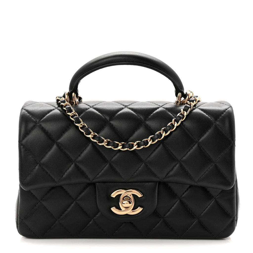 Lambskin Quilted Mini Top Handle Rectangular Flap Black