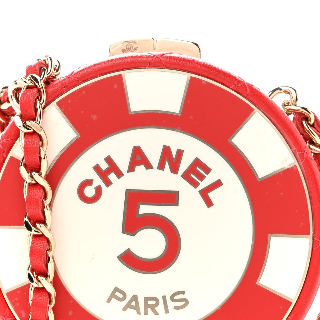 Lambskin Enamel Quilted Round Poker Chip Clutch With Chain Red White