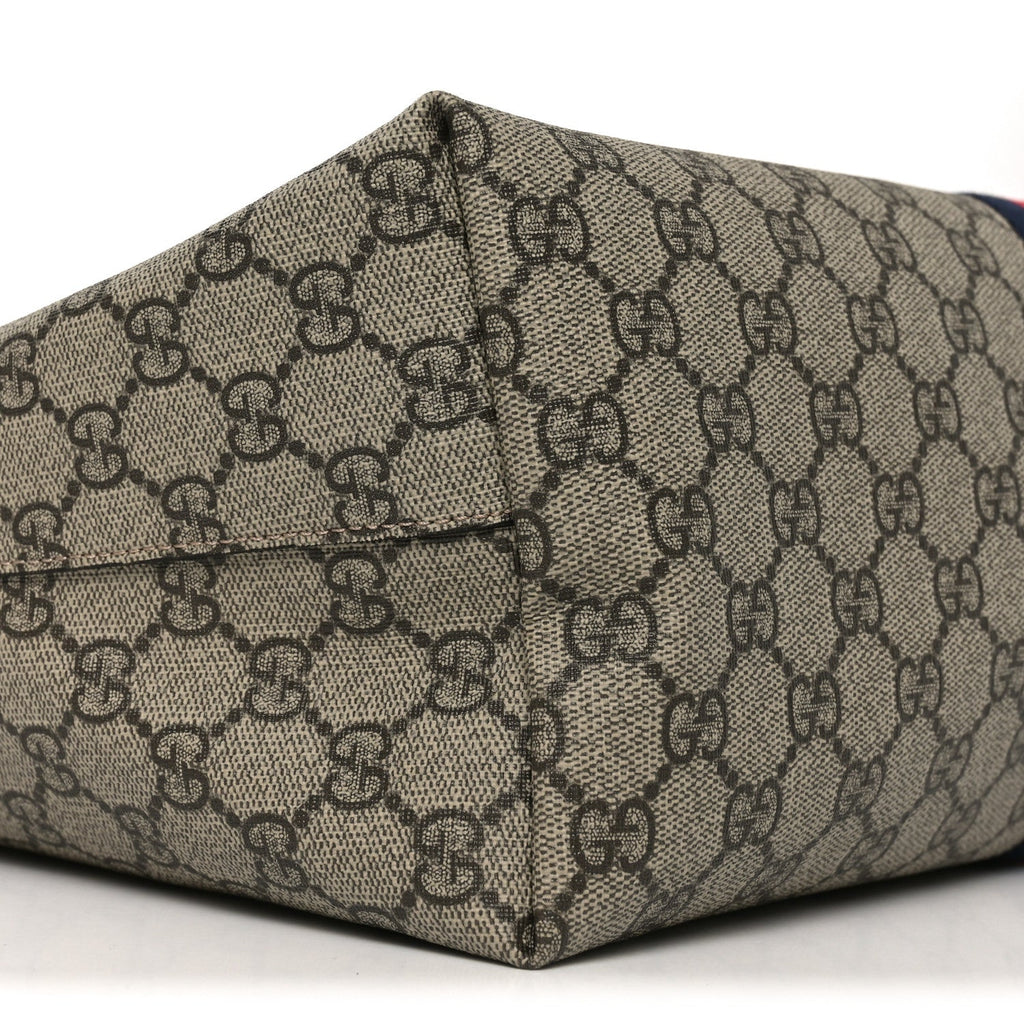 GG Supreme Monogram Textured Dollar Calfskin Web Medium Ophidia Shopping Tote Beige Ebony Mystic White