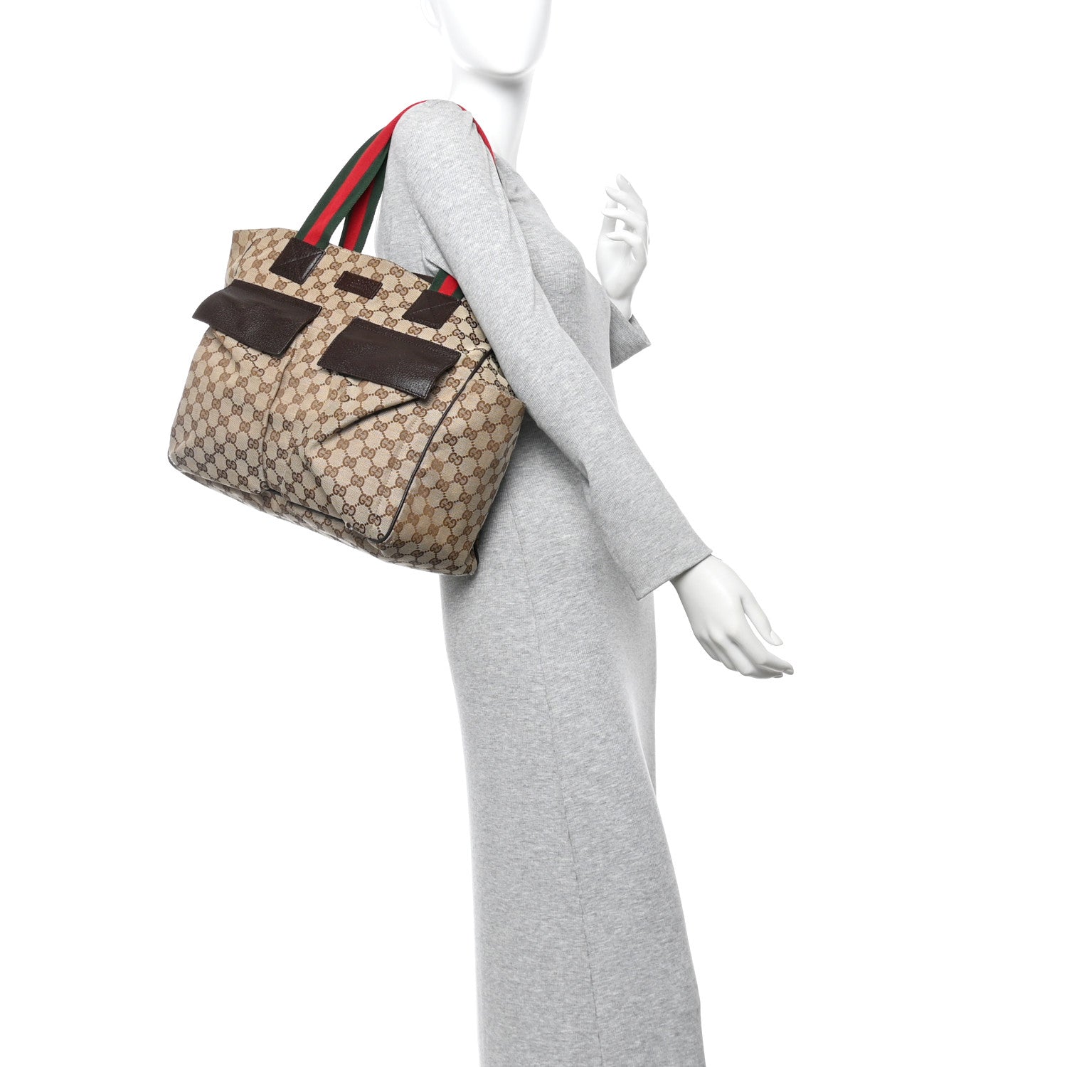 GG Monogram Medium Web Handle Double Pocket Tote Brown