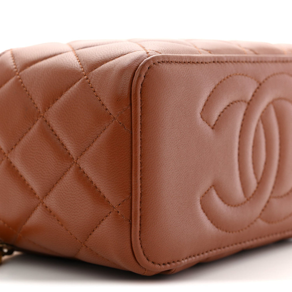 Lambskin Quilted Small Top Handle Vanity Case With Chain Light Brown Yellow