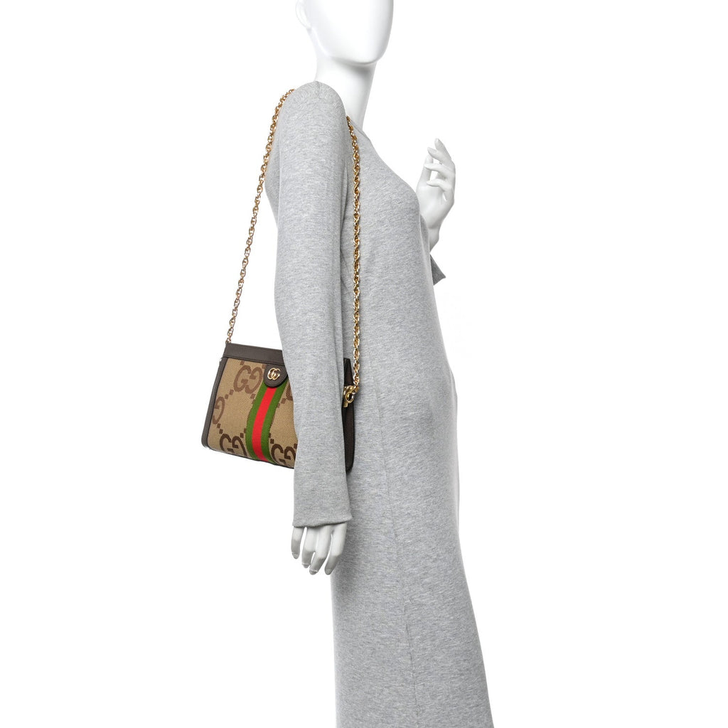 Monogram Jumbo GG Textured Dollar Calfskin Web Small Ophidia Chain Shoulder Bag Camel Ebony New Acero