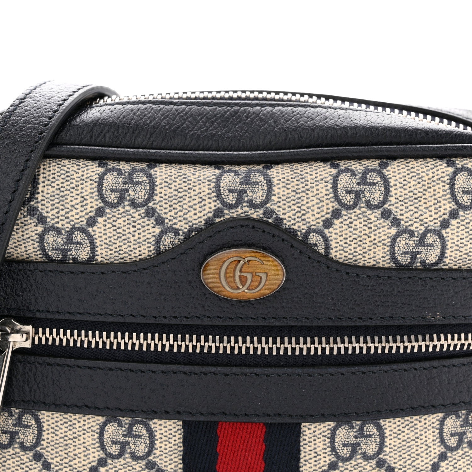 GG Supreme Monogram Textured Dollar Calfskin Web Mini Ophidia Shoulder Bag Beige Blue