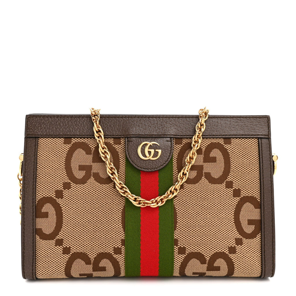 Monogram Jumbo GG Textured Dollar Calfskin Web Small Ophidia Chain Shoulder Bag Camel Ebony New Acero