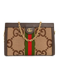 Monogram Jumbo GG Textured Dollar Calfskin Web Small Ophidia Chain Shoulder Bag Camel Ebony New Acero