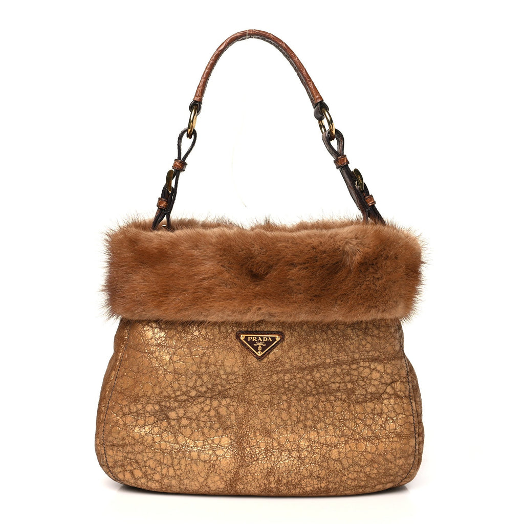 Metallic Suede Mink Shearling Crocodile Embossed Tote Gold