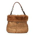 Metallic Suede Mink Shearling Crocodile Embossed Tote Gold