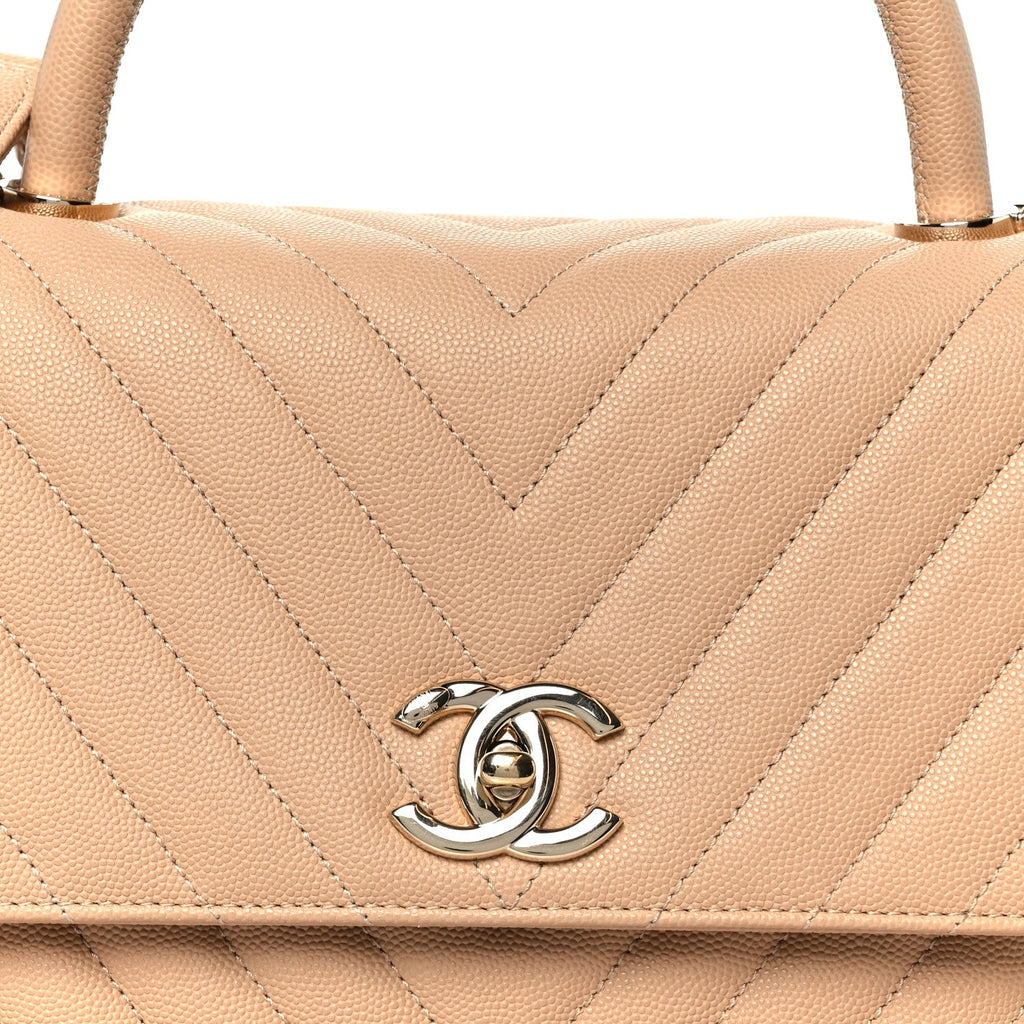 Caviar Chevron Quilted Small Coco Handle Flap Beige