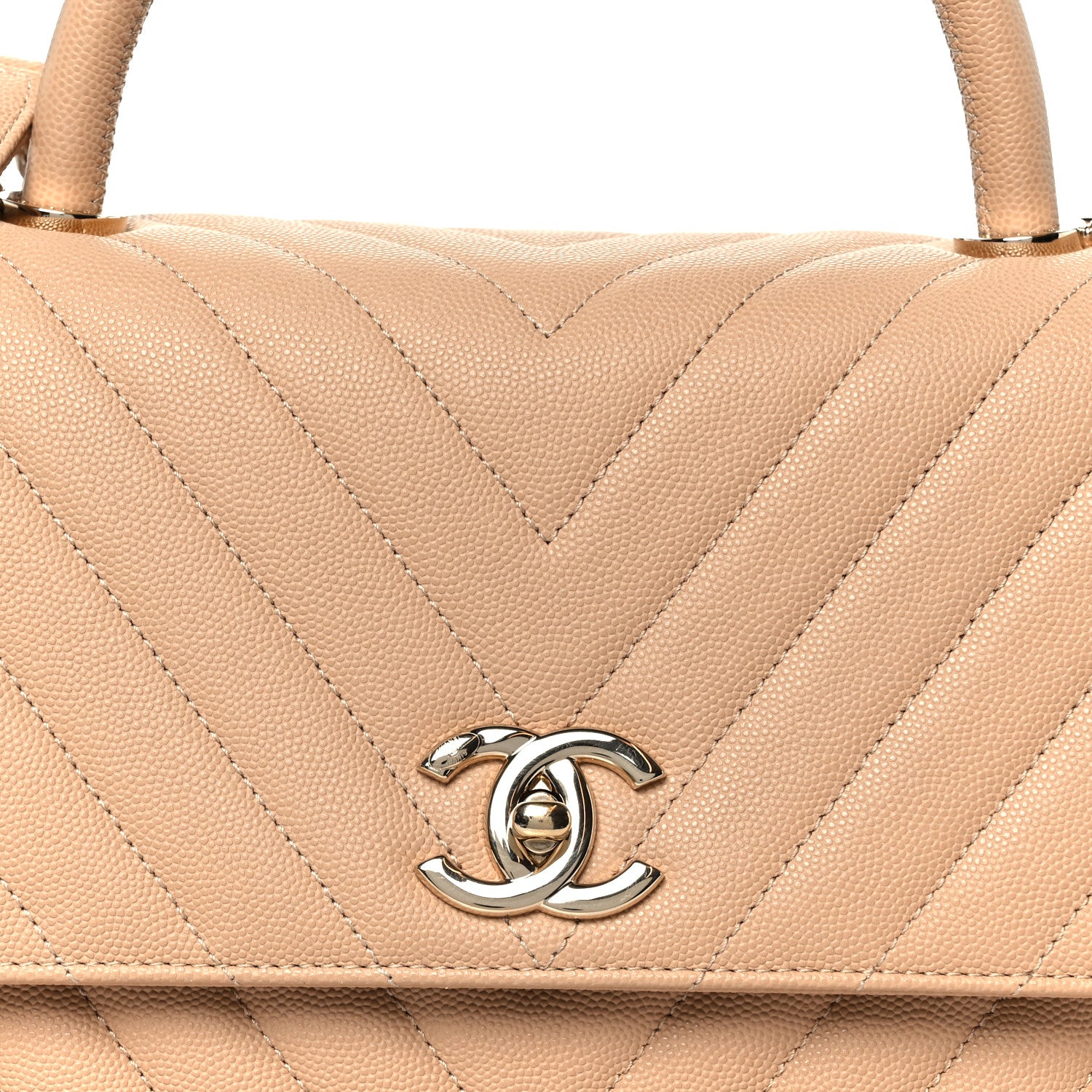 Caviar Chevron Quilted Small Coco Handle Flap Beige