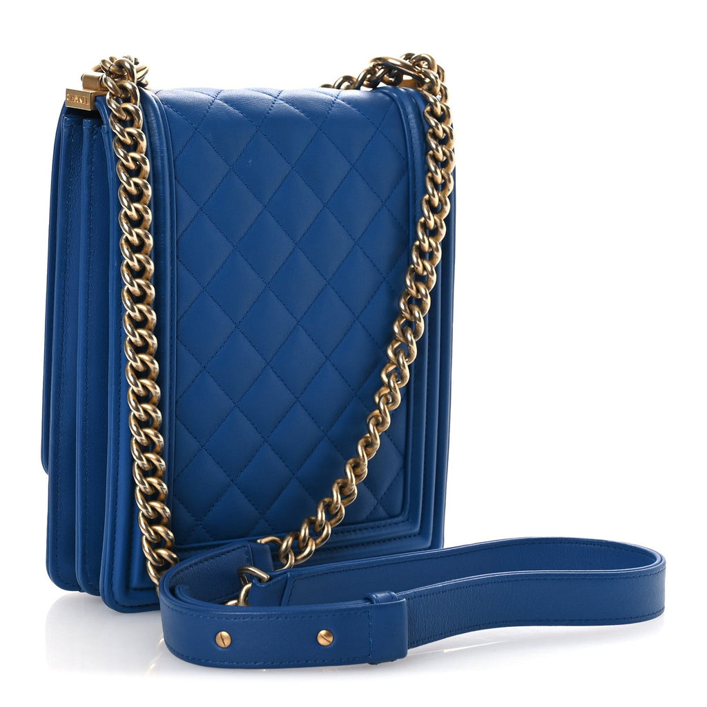 Calfskin Quilted North South Boy Flap Blue