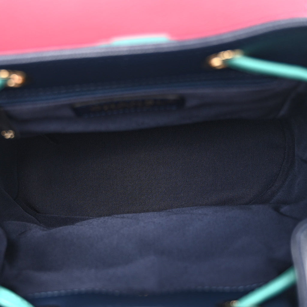 Goatskin Quilted Duma Drawstring Backpack Navy Turquoise Pink
