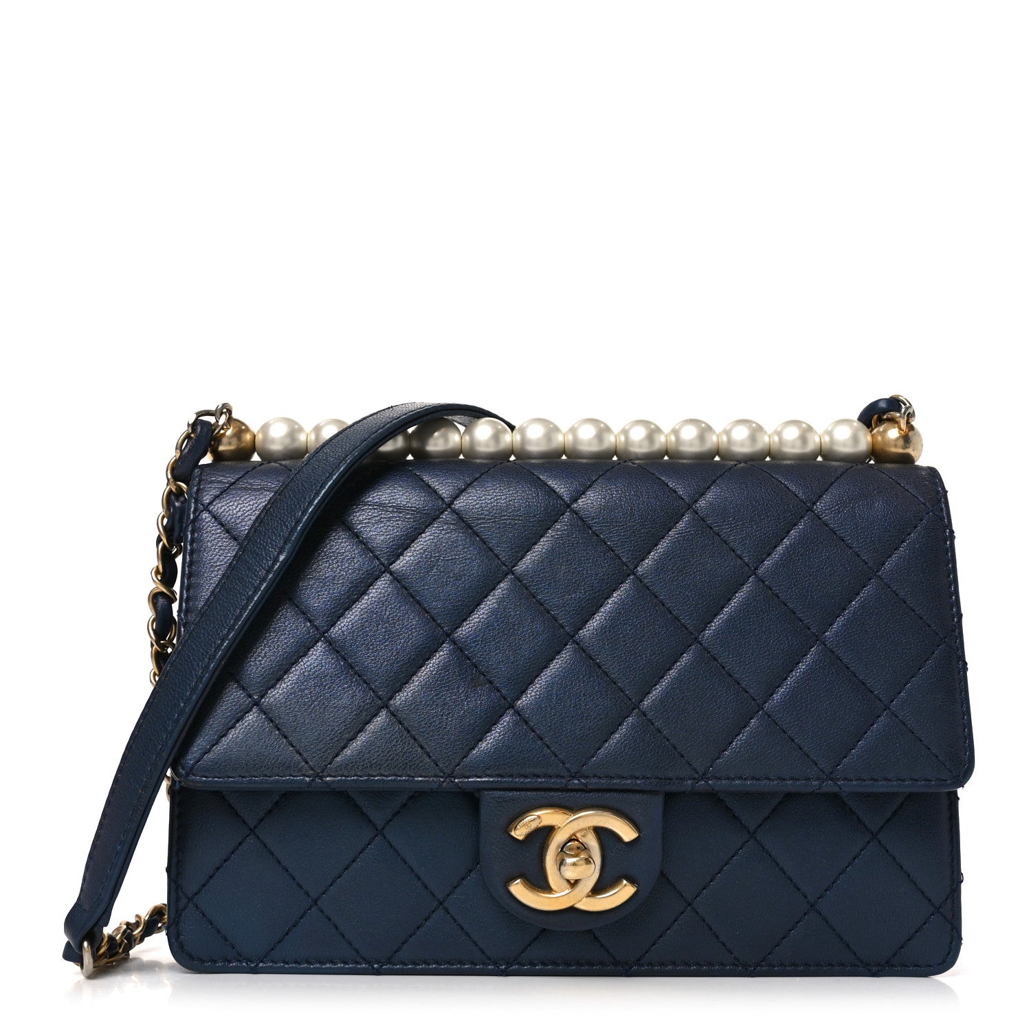 Iridescent Lambskin Quilted Small Chic Pearls Flap Blue