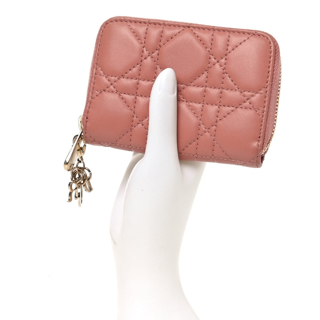 Lambskin Cannage Small Lady Dior Voyageur Coin Purse Rose Des Vents