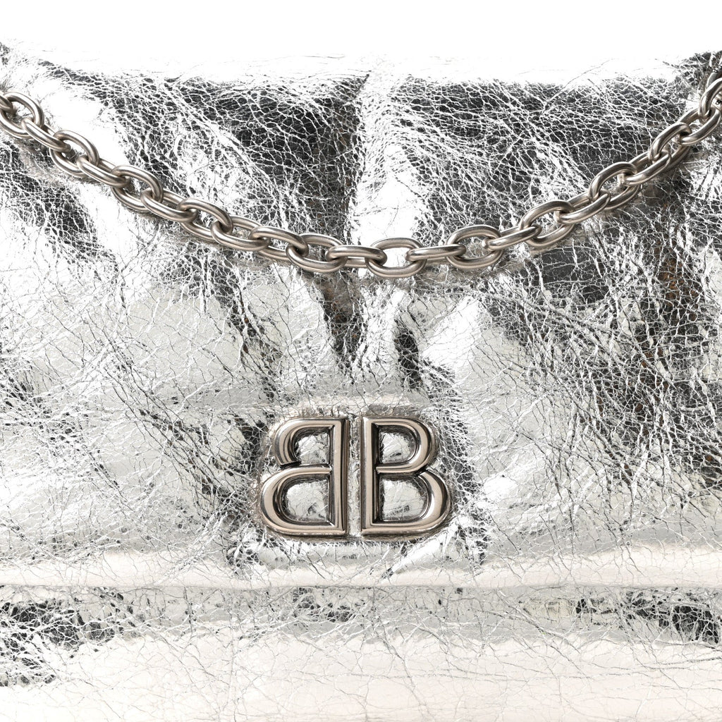 Metallized Arena Calfskin MIni Monaco Chain Shoulder Bag Silver