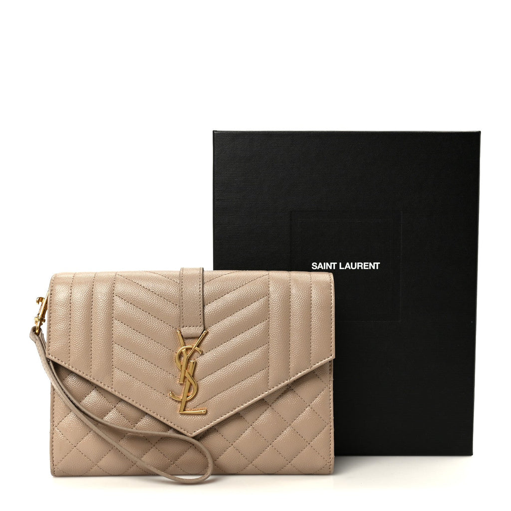 Grain De Poudre Textured Mixed Matelasse Triquilt Monogram Clutch Dark Beige