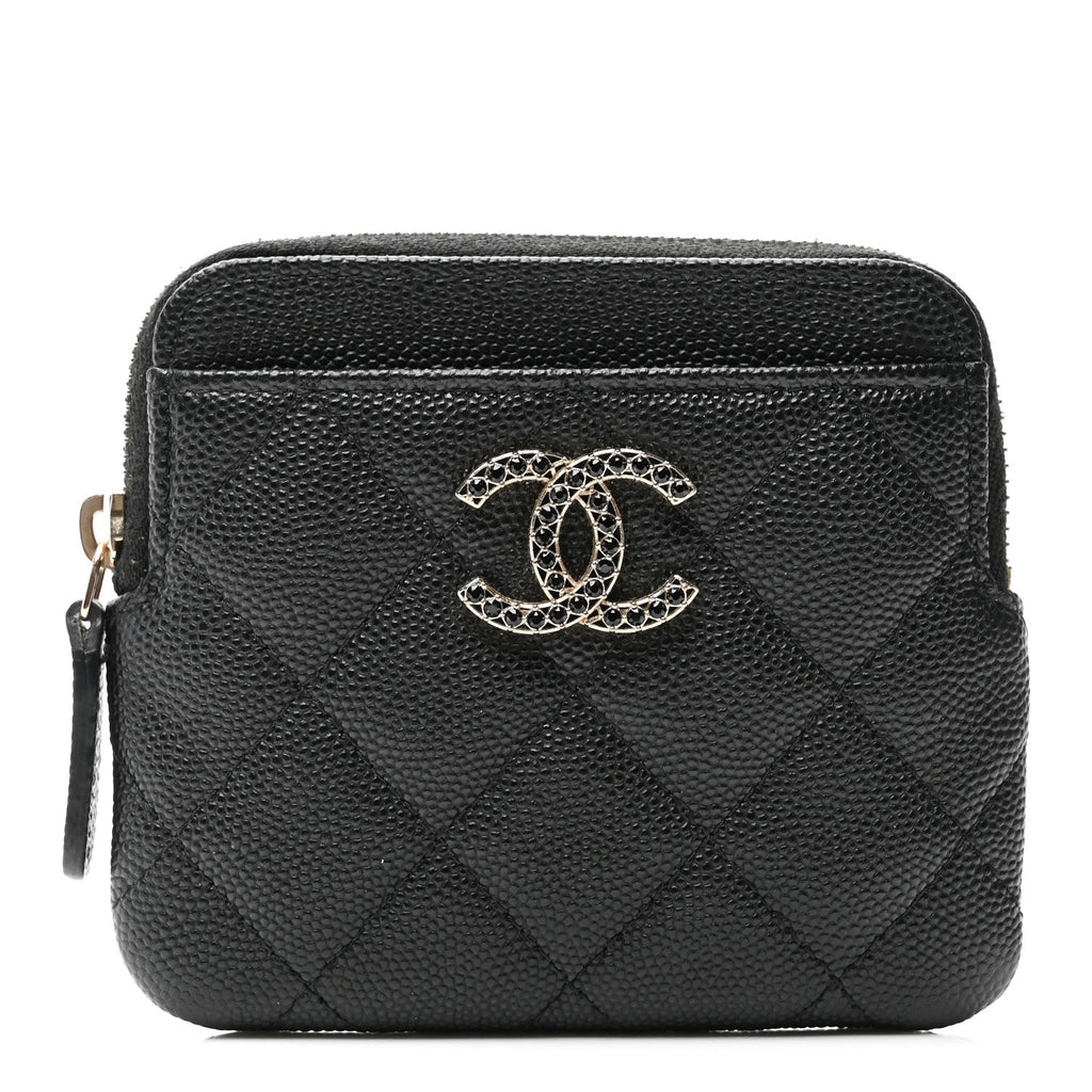 Caviar Quilted Crystal Zip  Holder Wallet Black