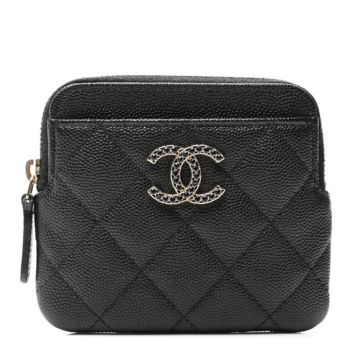 Caviar Quilted Crystal Zip  Holder Wallet Black