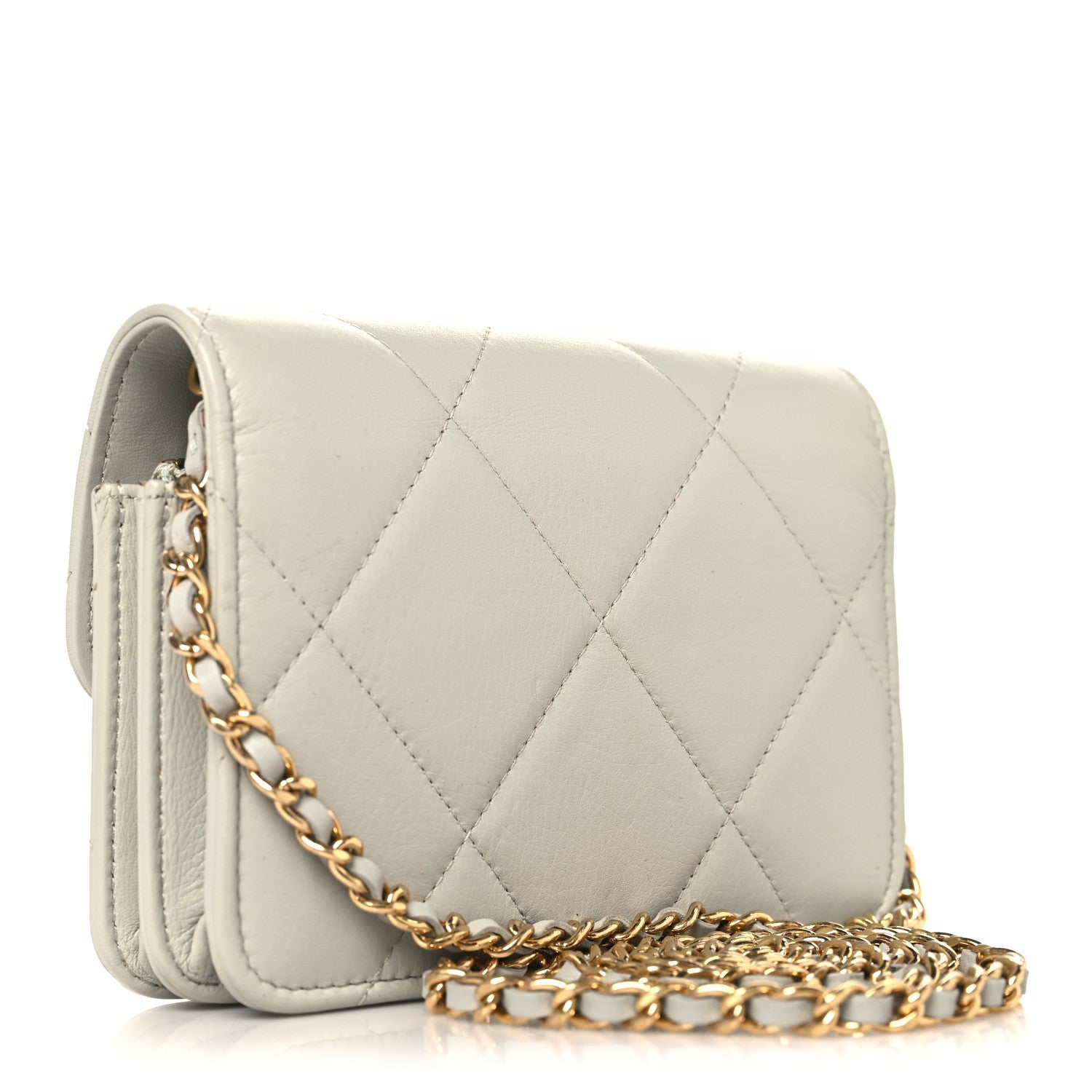 Calfskin Strass Quilted Clutch With Chain Flap Light Grey