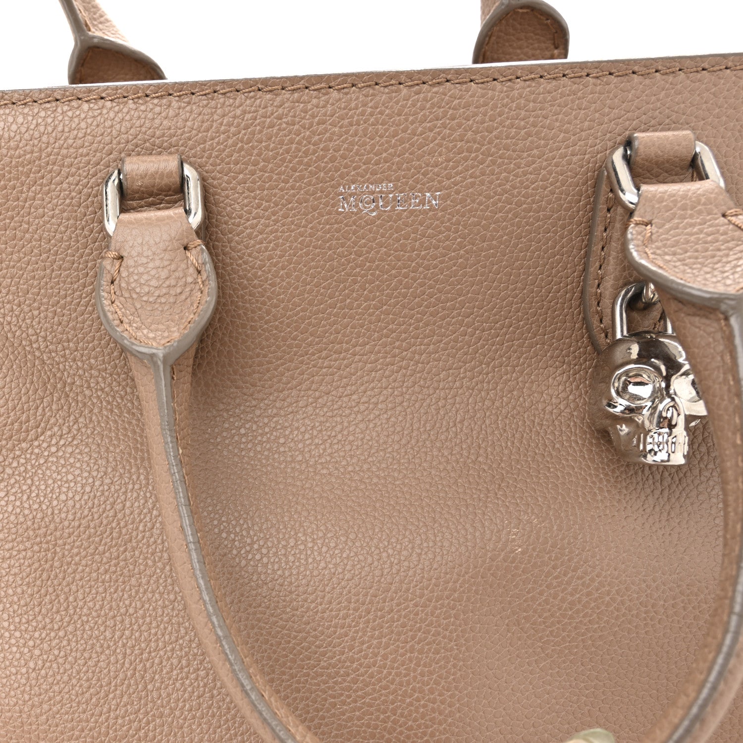 Pebbled Calfskin Small Skull Padlock Zip Around Tote Taupe