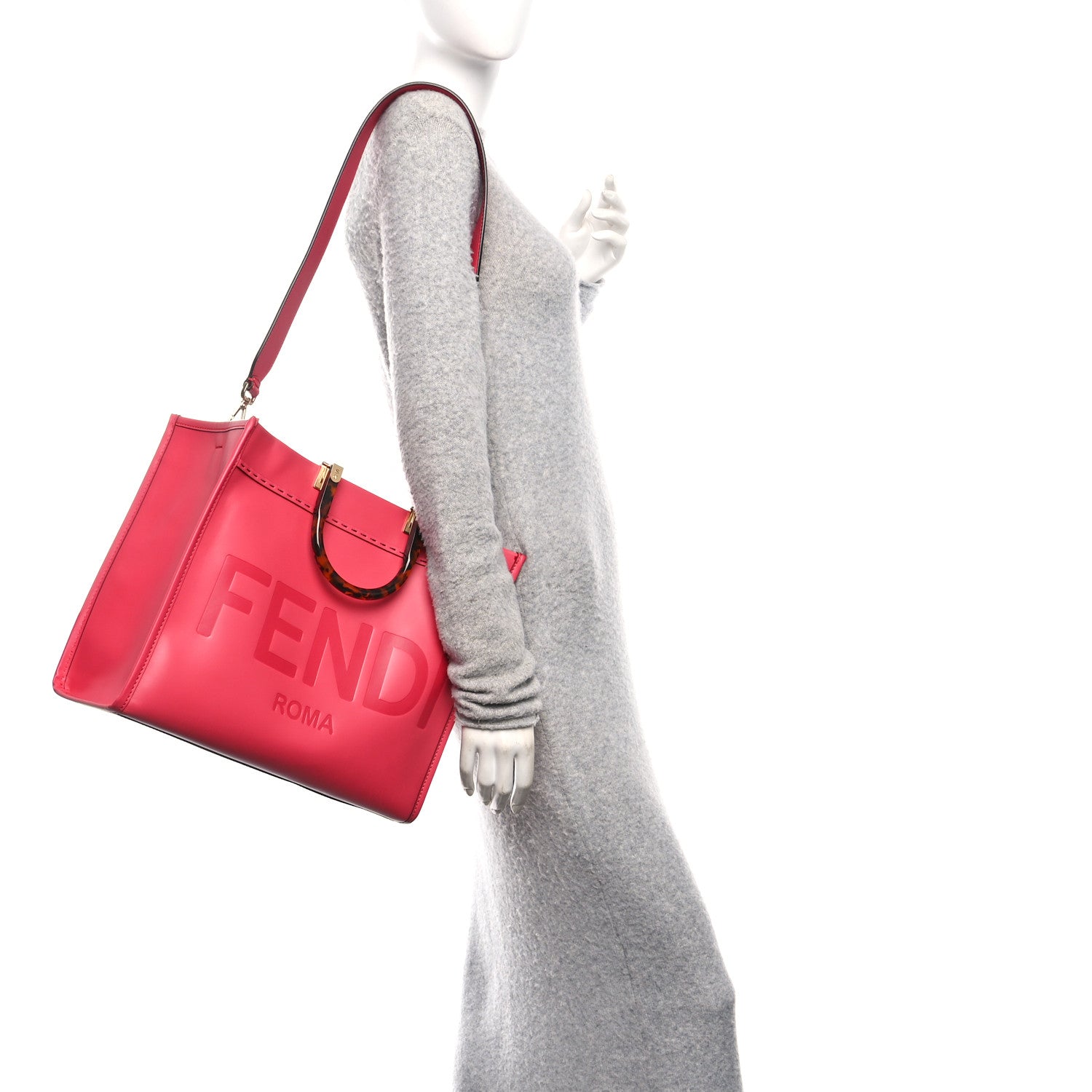 Vitello King Plexiglass Logo Embossed Medium Fendi Sunshine Shopper Tote Lampone