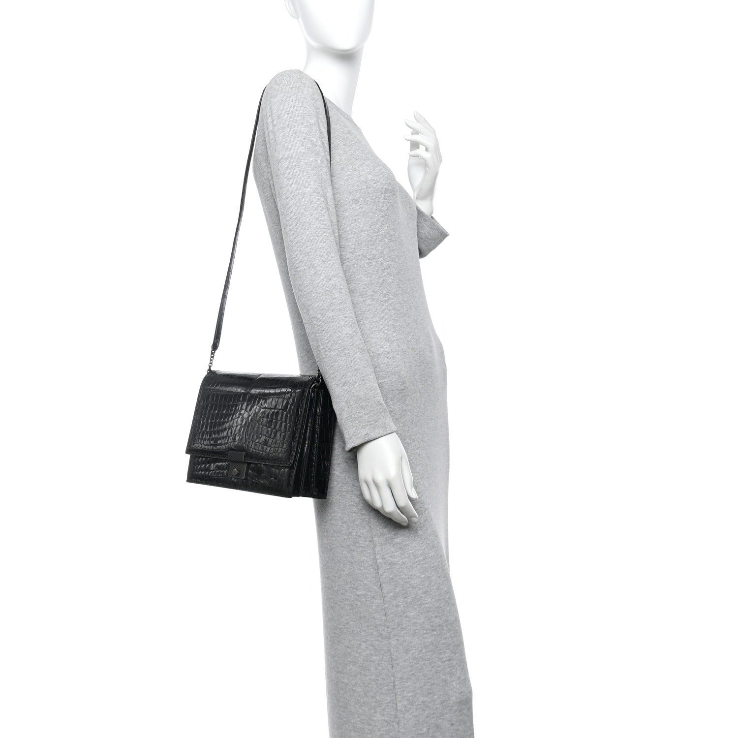 Crocodile Accordion Flap Shoulder Bag Black