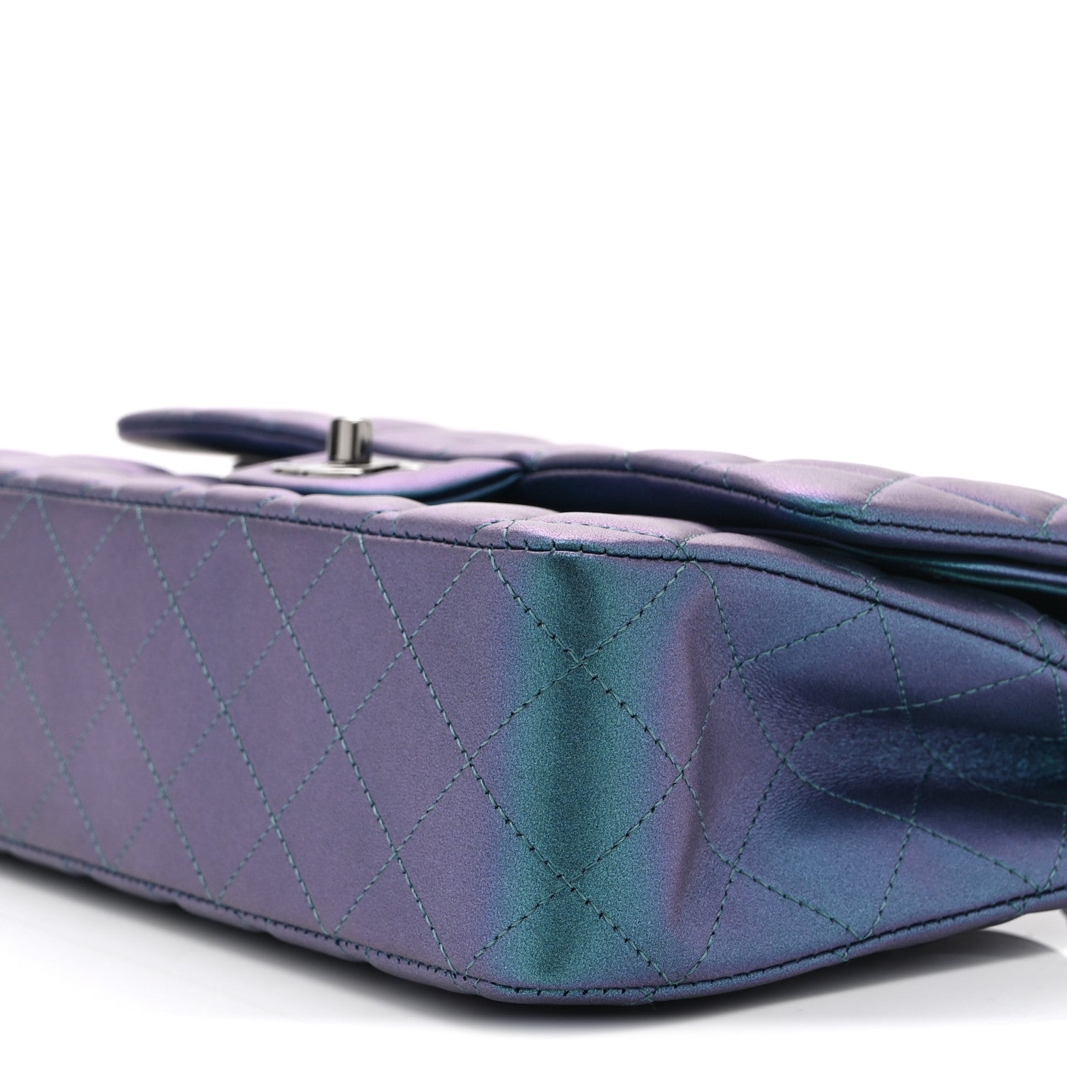Iridescent Lambskin Quilted Medium Double Flap Turquoise