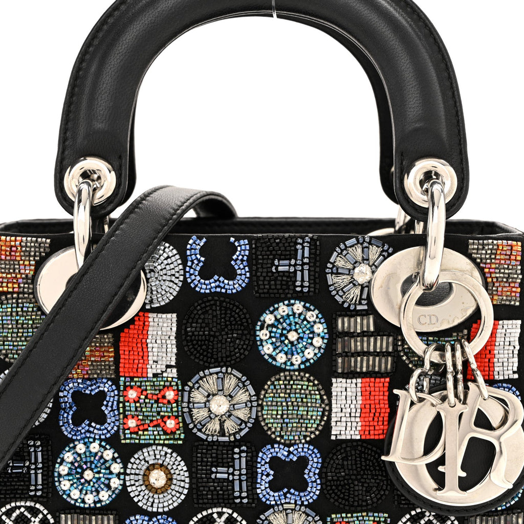 Satin Lambskin Embroidered Beaded Mini Lady Dior Black Multicolor