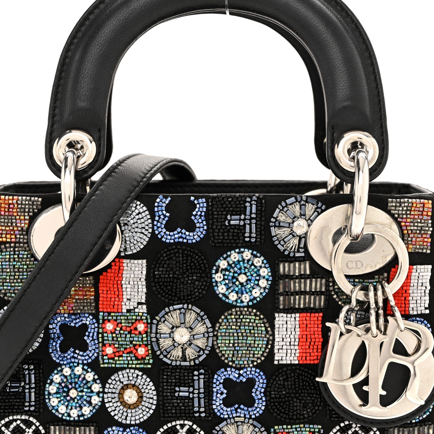 Satin Lambskin Embroidered Beaded Mini Lady Dior Black Multicolor