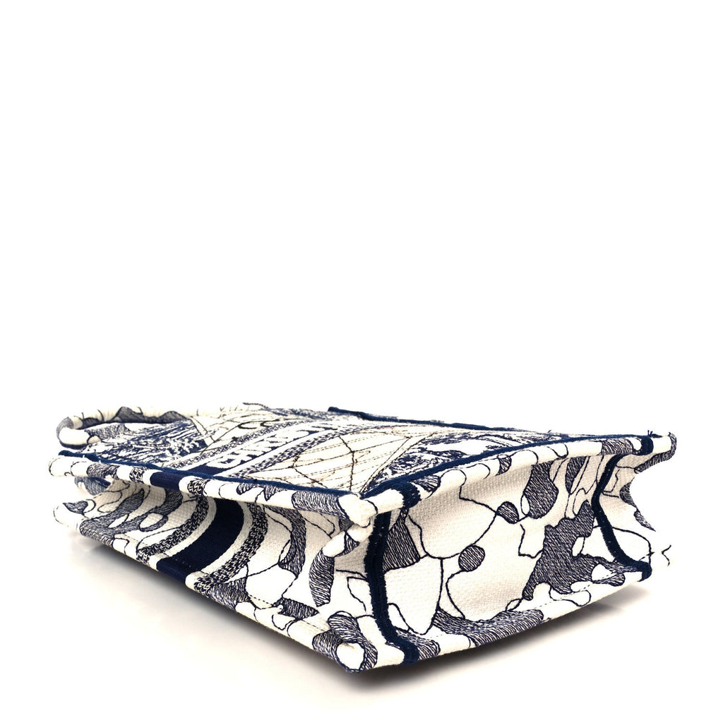 Canvas Embroidered Around The World Vertical Book Tote Blue