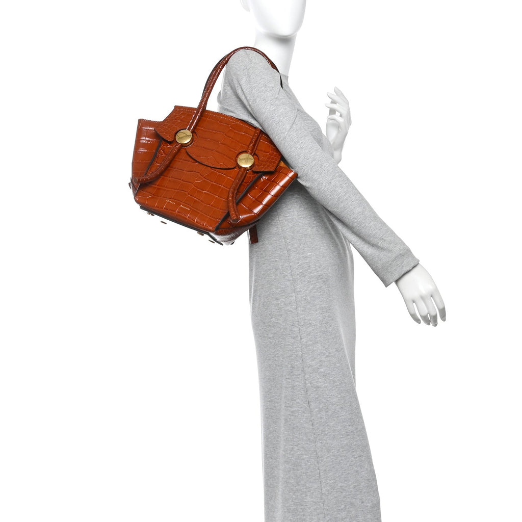 Calfskin Crocodile Embossed Small Pipe Bag Chestnut