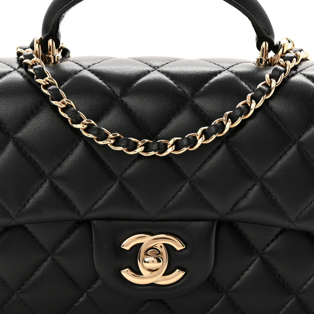 Lambskin Quilted Mini Top Handle Rectangular Flap Black