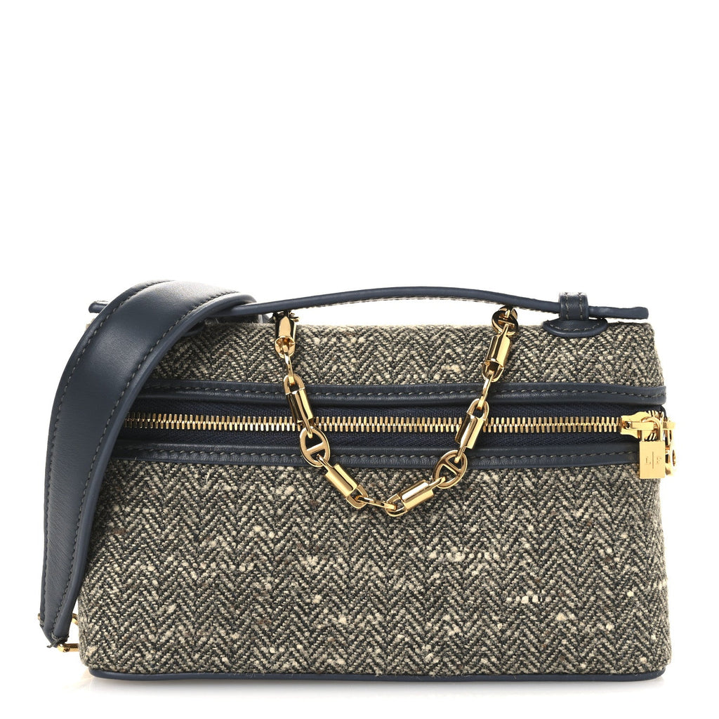 Virgin Wool Blend Herringbone Calfskin Extra Pocket Mini Pouch Green Sand Blue Green Sun Gold