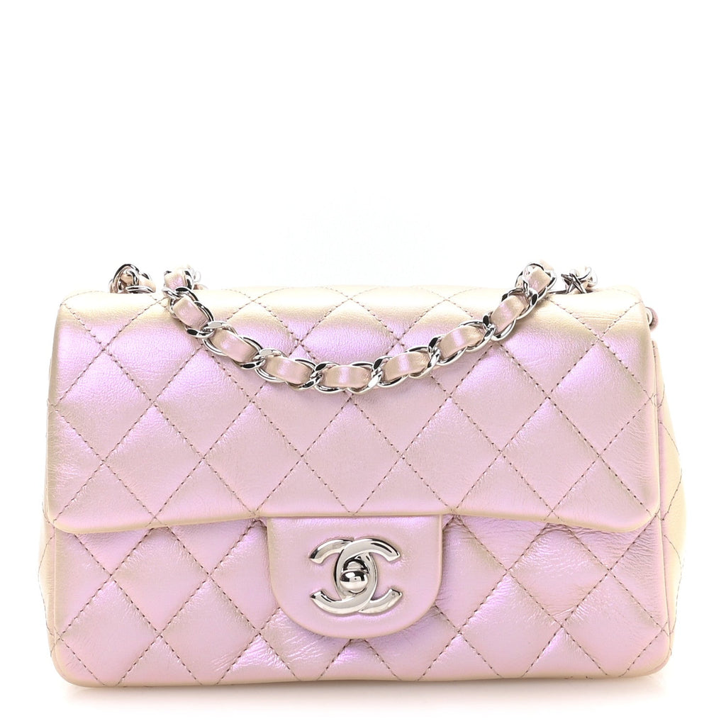 Iridescent Calfskin Quilted Mini Rectangular Flap Pink