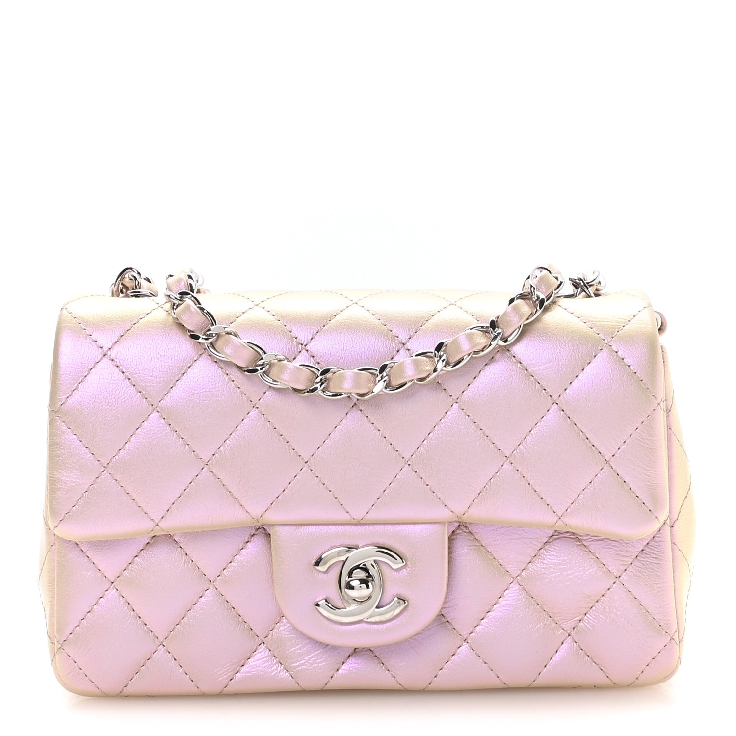 Iridescent Calfskin Quilted Mini Rectangular Flap Pink