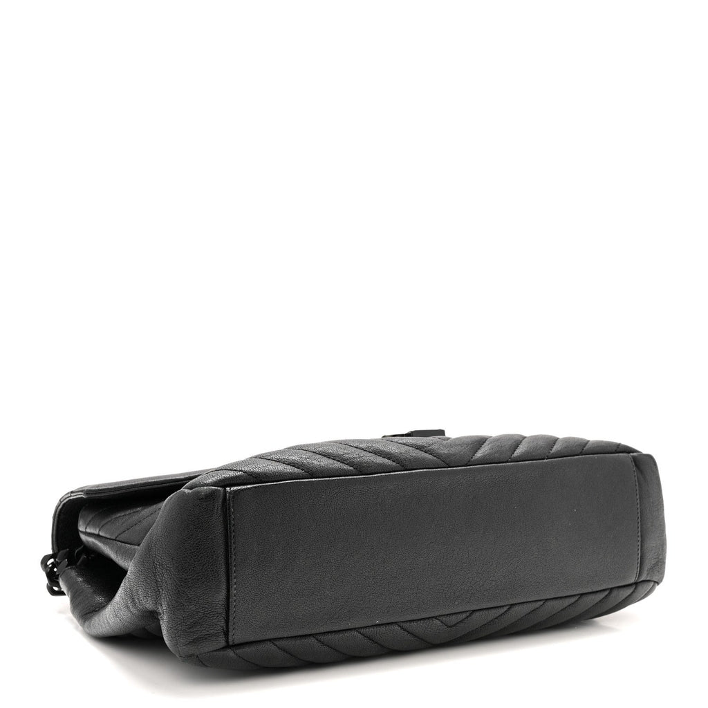 Sheepskin Matelasse Chevron Monogram Monochrome Large College Satchel Black